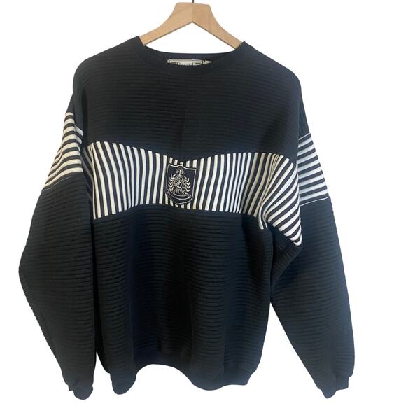 Vintage Riccardo Sweater Black White Accent Stripes Crest Preppy Casual Sz L** - Picture 1 of 10